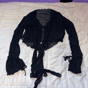 Black Sheer Tie-Front Blouse with Flounce Sleeves